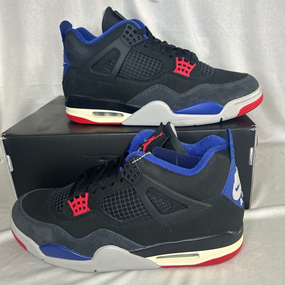 Jordan 4 Retro Rare Air Black and Blue Sneakers with Red Accents Gold Tag - Picture 2 of 7
